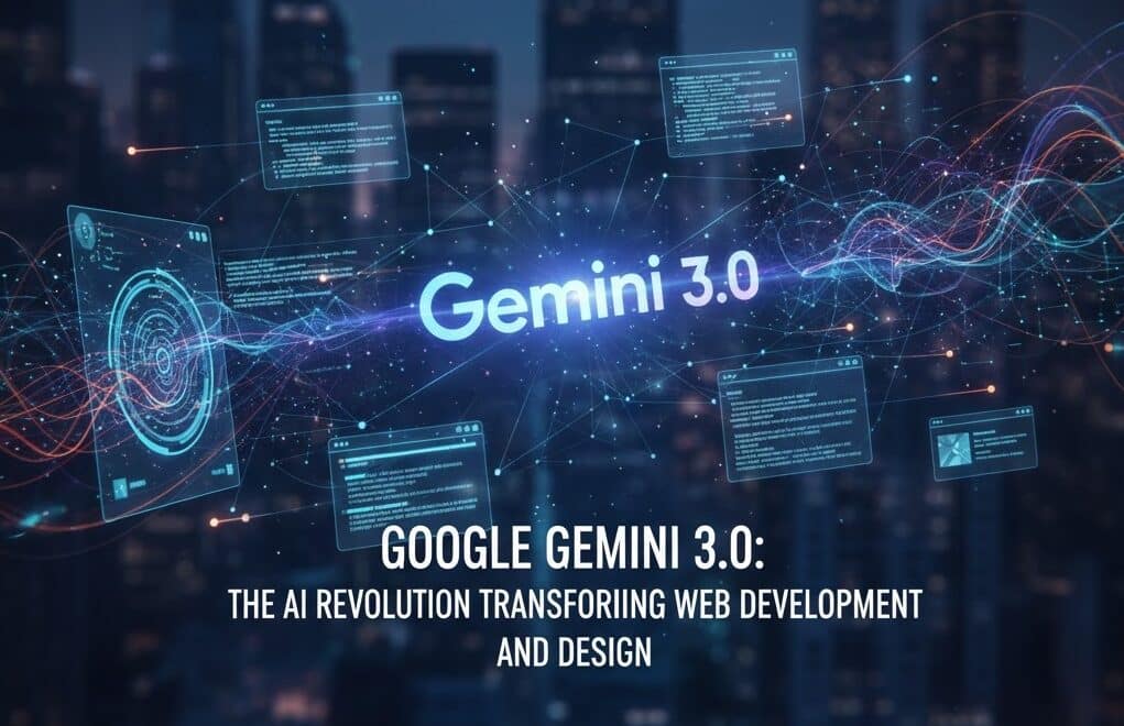 Futuristic AI brain hovering over modern website interface with Kuwait City skyline, symbolizing Gemini 3.0’s impact on web development