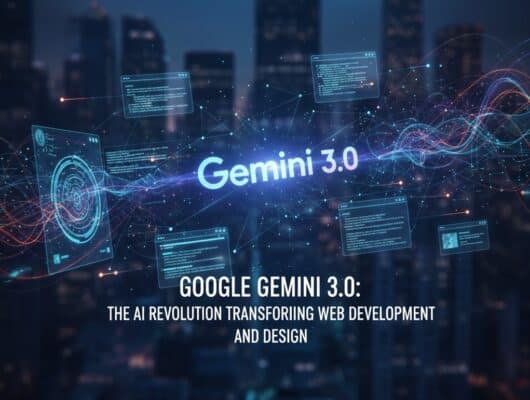 Futuristic AI brain hovering over modern website interface with Kuwait City skyline, symbolizing Gemini 3.0’s impact on web development